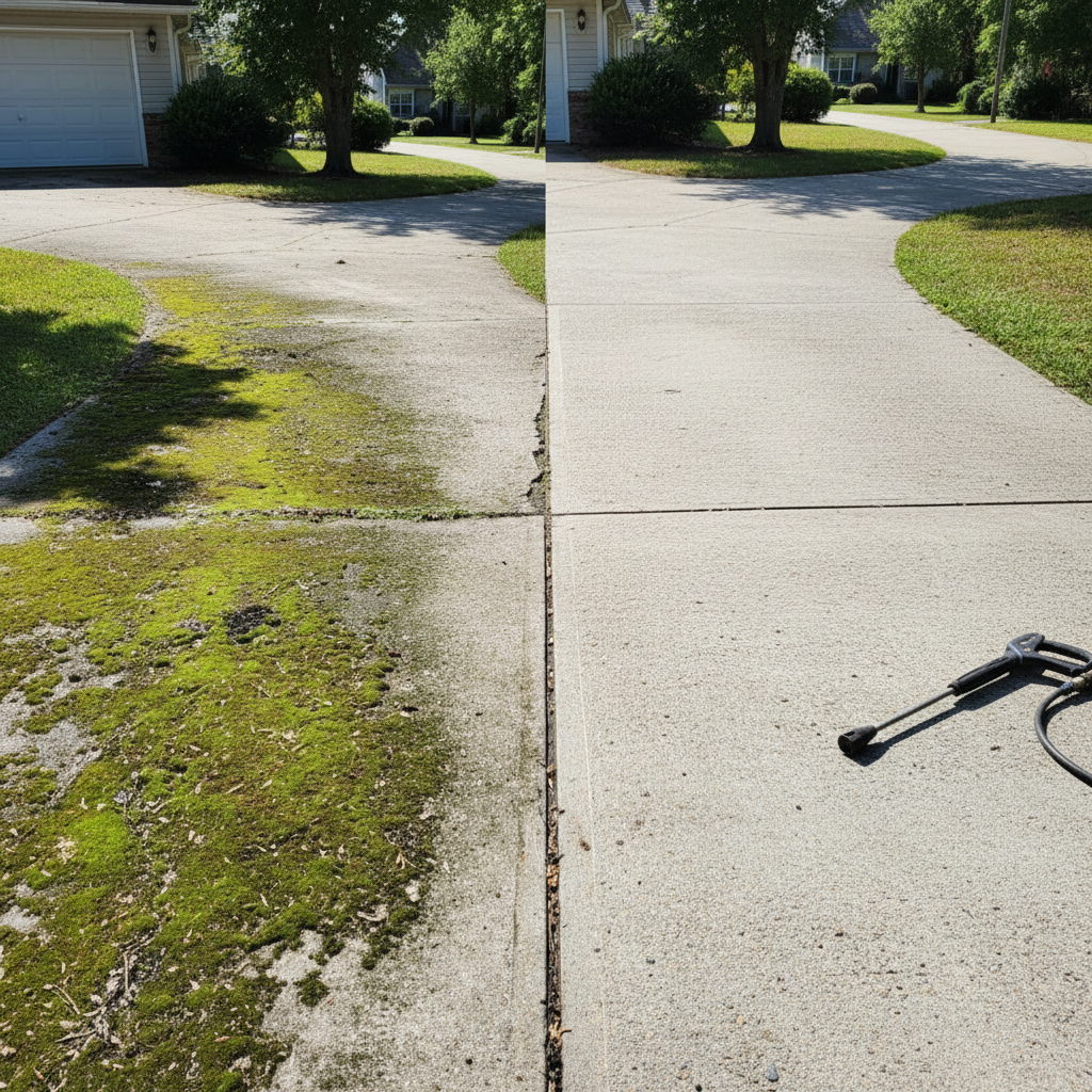Before and after comparison of a residential driveway — left side covered in moss and grime, right side spotlessly clean after professional jet washing