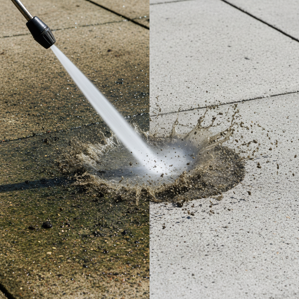 Close-up of high-pressure jet wash water stream blasting dirt and grime off concrete patio slabs